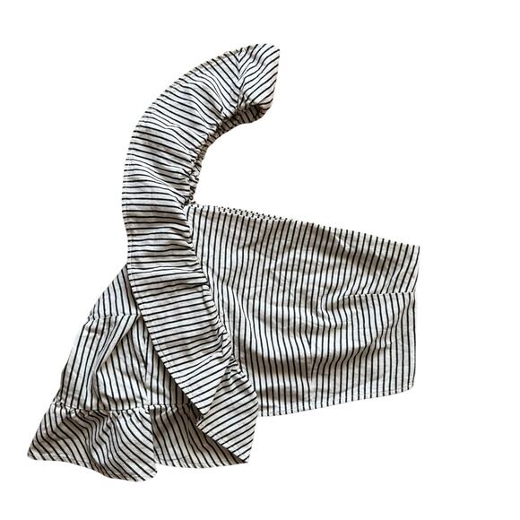 Future Collective Striped One Shoulder Denim Cropped Top Black White Sz XL - Picture 10 of 10